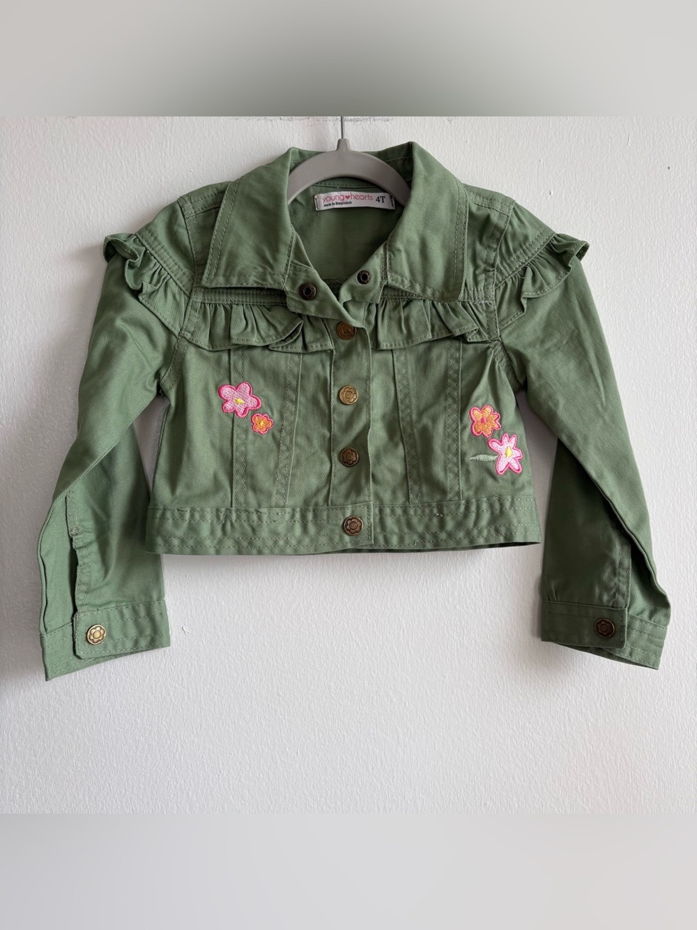 Young Hearts Girls Green Floral Embroidered Ruffle Twill Cotton Snap Jacket 4T